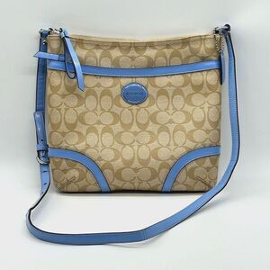 Coach Logo Print Purse Peyton Small Shoulder Bag Tan Powder Blue A1332-F18926